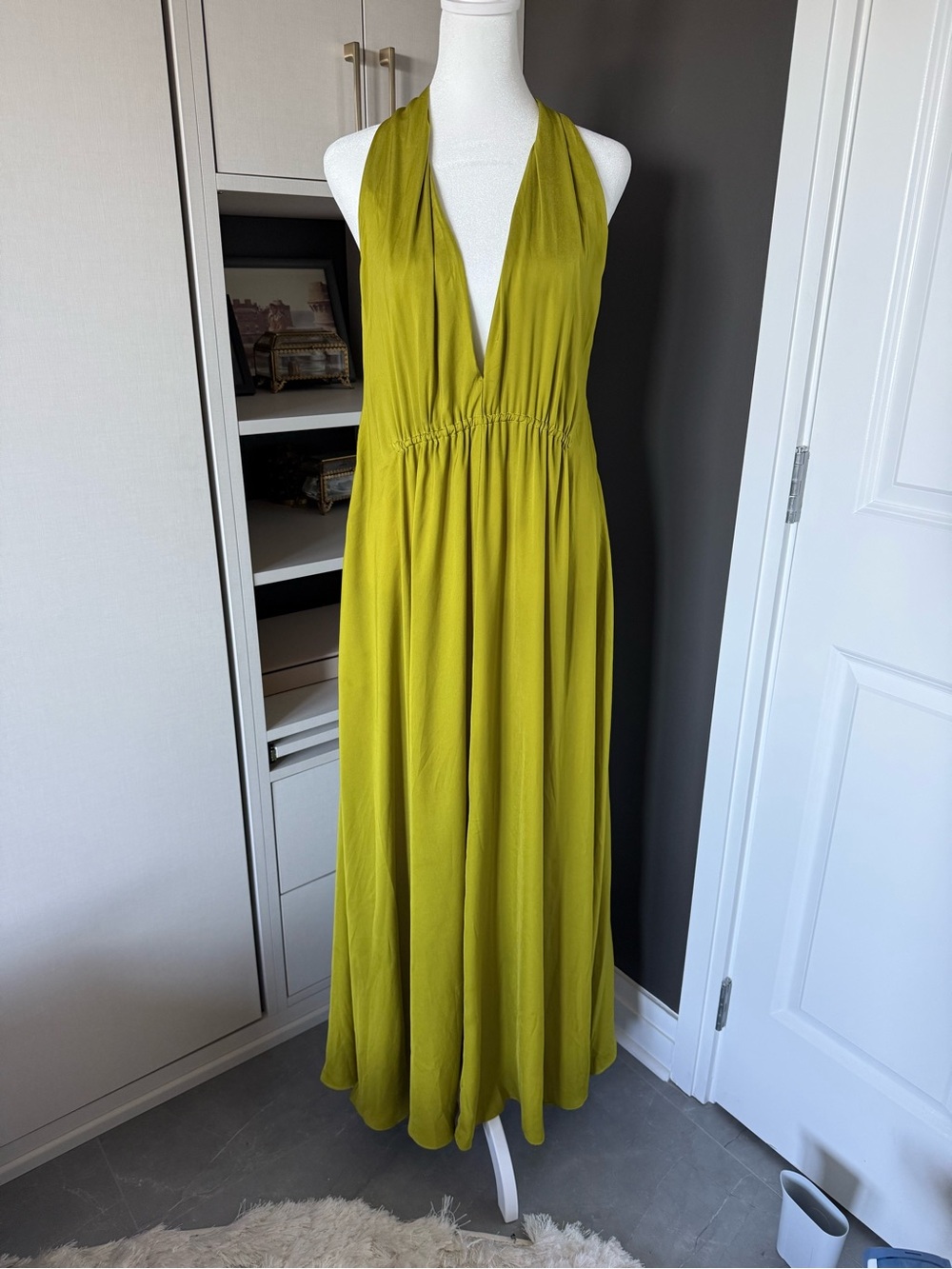 ASOS Satin Halter Maxi Dress with Pockets in Chartreuse